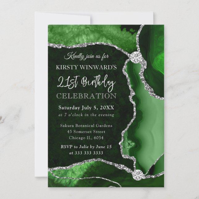 Invitation Vert et argent faux paillettes agate Anniversaire (Devant)