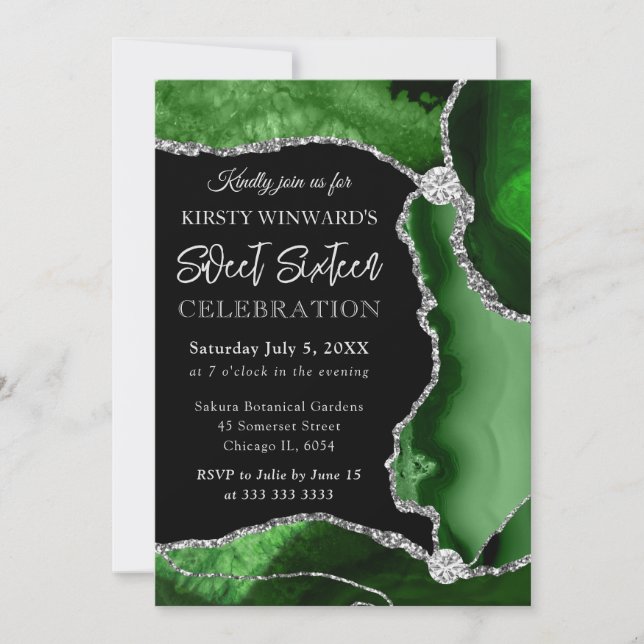 Invitation Vert et Argent Faux Paillettes Agate Douce 16 (Devant)