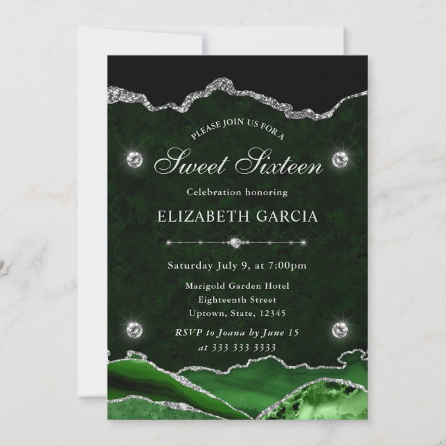 Invitation Vert et argent Paillettes Agate Sweet 16 (Devant)