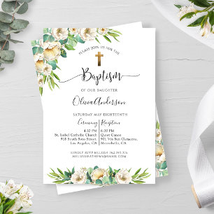 Invitation Vert et blanc, or jaune floral Baptême