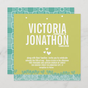 Invitation Vert et Bleu Coeurs modernes Typographie Mariage