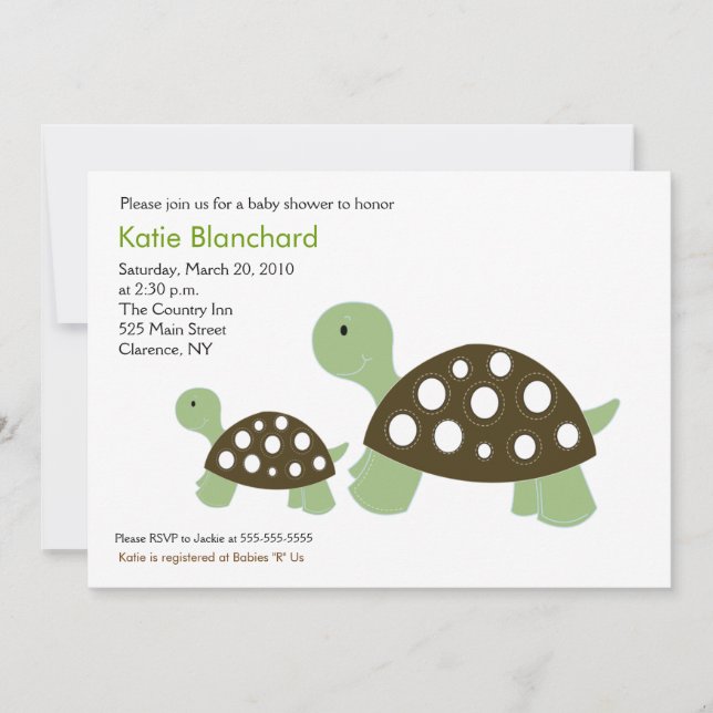 Invitation Vert et Brown Turtle Moderne 5x7 Baby shower (Devant)