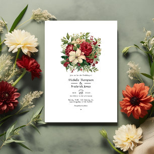 Invitation Vert et Crimson avec Crème Floral Printemps Mariag