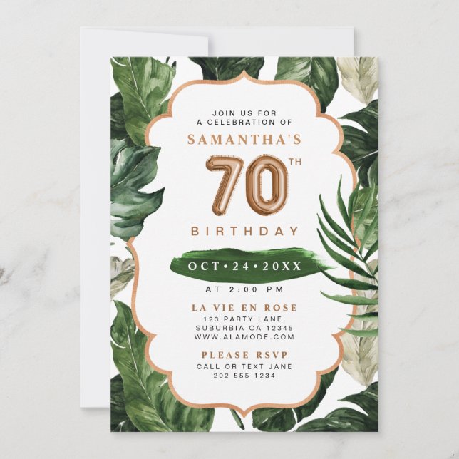Invitation Vert et cuivre Feuilles tropicaux 70e anniversaire (Devant)