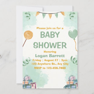 Invitation Vert et Jaune Illustration Baby shower mignon