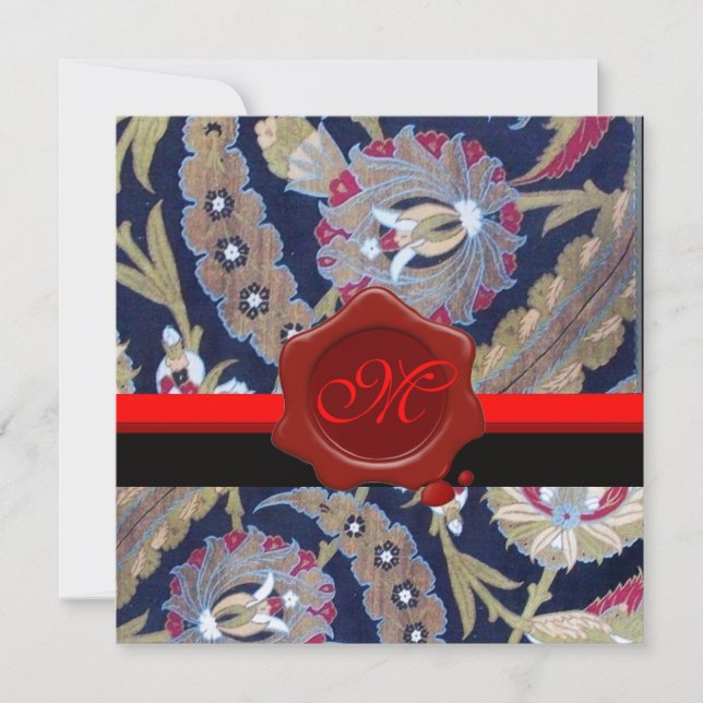 INVITATION VERT ET NOIR BLEU DAMAS, MONOGRAMME À SCEAU DE CIR (Devant)