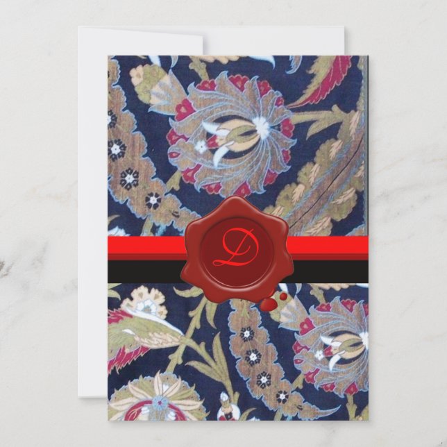INVITATION VERT ET NOIR BLEU DAMAS, MONOGRAMME À SCEAU DE CIR (Devant)