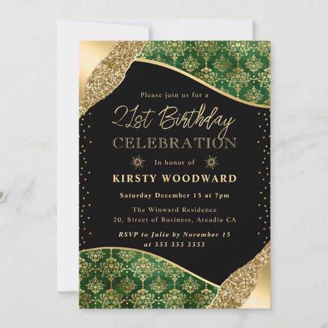 Invitation Vert et Or Damassé d'Hiver 21e Anniversaire (Devant)