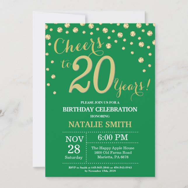 Invitation Vert et Or Diamant 20e Anniversaire (Devant)