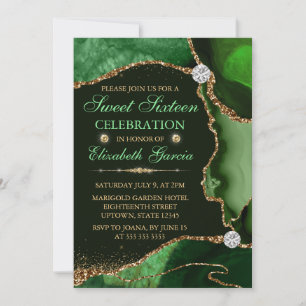 Invitation Vert et Or Fausse Agate Brillante Sweet Sixteen