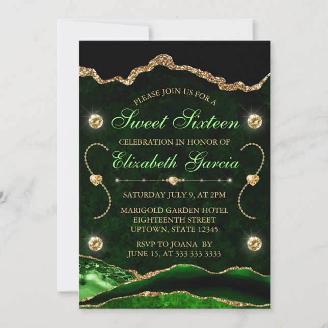 Invitation Vert et or paillettes d'agate et de marbre Sweet 1 (Devant)