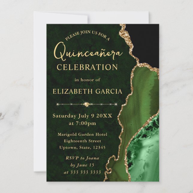 Invitation Vert et or paillettes d'agate et marbre Quinceaner (Devant)