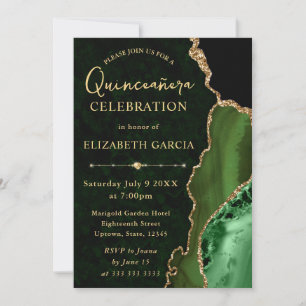 Invitation Vert et or paillettes d'agate et marbre Quinceaner
