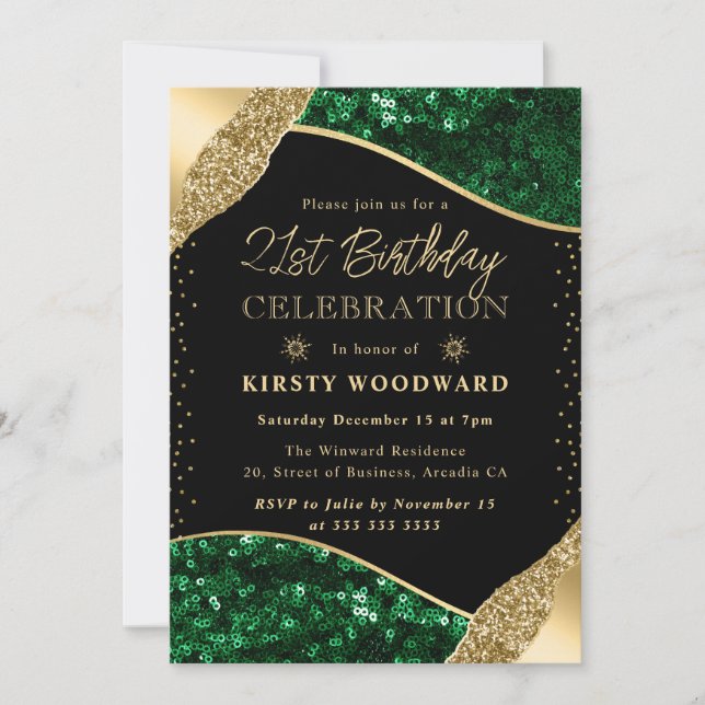 Invitation Vert et Or Paillettes d'Hiver 21e Anniversaire (Devant)