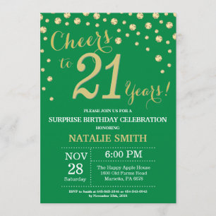 Invitation Vert et or Surprise 21e Anniversaire Diamant