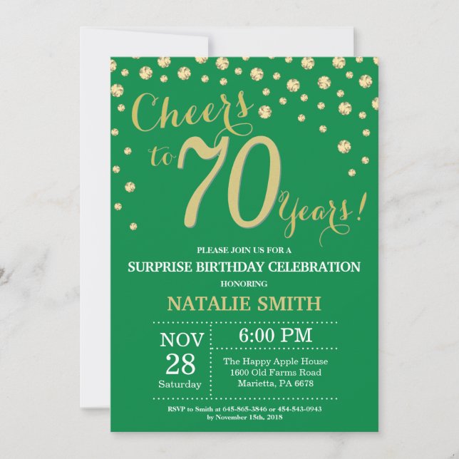 Invitation Vert et or Surprise 70e Anniversaire Diamant (Devant)