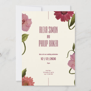 Invitation Vert et rose, Mariage d'aquarelle rouge