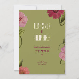 Invitation Vert et rose, Mariage d'aquarelle rouge