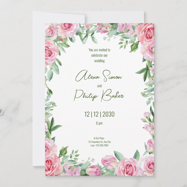 Invitation Vert et rose, vert Mariage d'aquarelle (Devant)