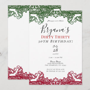 Invitation Vert et Rouge Dentelle Élégant Fiesta 30e Annivers