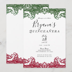 Invitation Vert et Rouge Dentelle Élégante Fête de 15 ans de