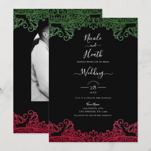 Invitation Vert et Rouge Dentelle Élégante Fiesta Mariage Noi