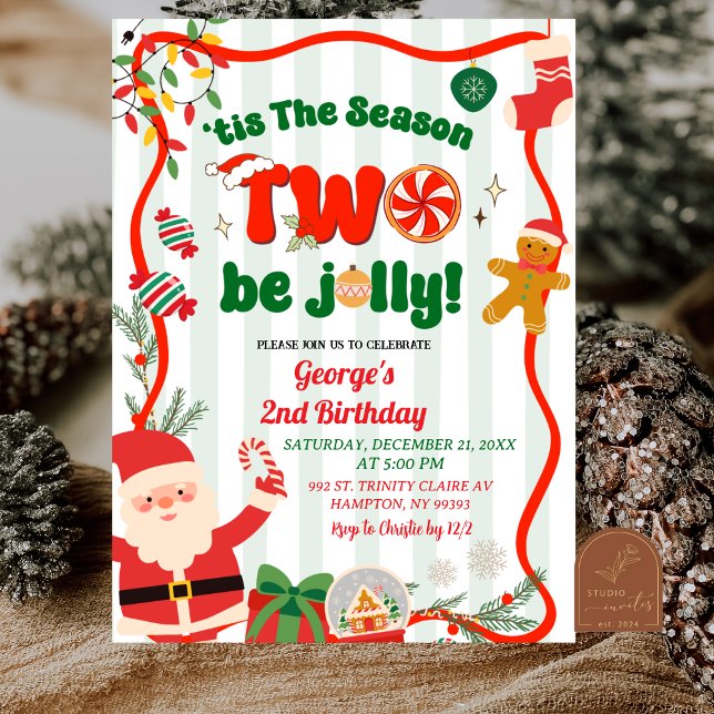 Invitation Vert et Rouge Rétro Noël Hiver 2ème Anniversaire (Créateur téléchargé)