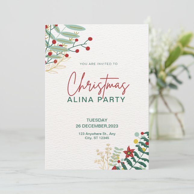 Invitation Vert Et Rouge Simple Noël Alina Party (Debout devant)
