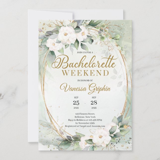 Invitation Vert eucalyptus blanc roses or Bachelorette (Devant)