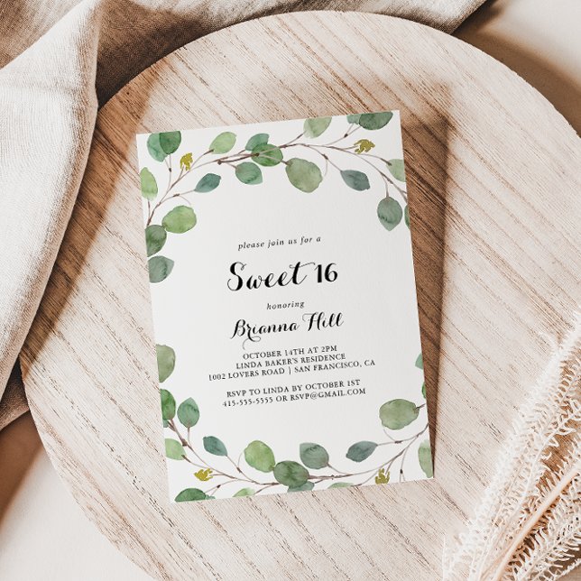 Invitation Vert Eucalyptus Doux 16 Anniversaire (Créateur téléchargé)