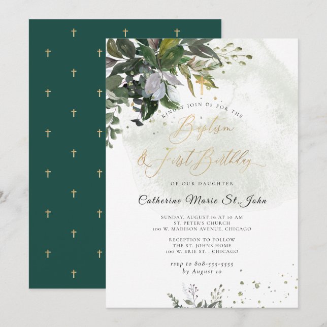 Invitation Vert Eucalyptus Rustique 1er anniversaire Baptême (Devant / Derrière)