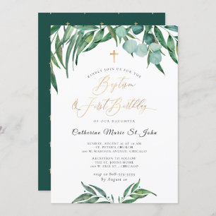 Invitation Vert Eucalyptus Rustique 1er anniversaire Baptême