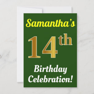 Invitation Vert, Faux Or 14e anniversaire Célébration + Nom