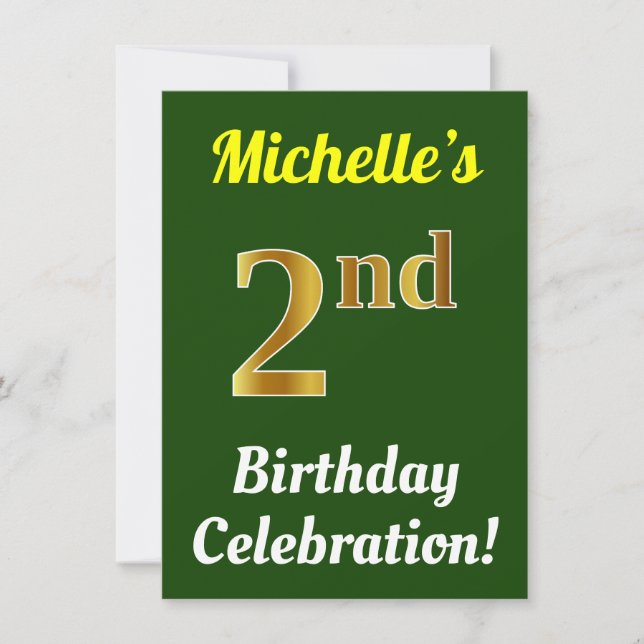 Invitation Vert, Faux Or Célébration de 2e Anniversaire + Nom (Devant)