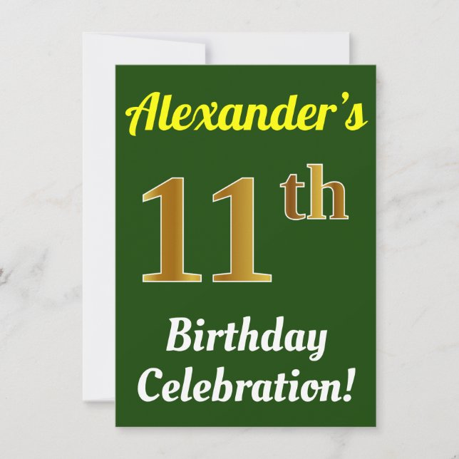 Invitation Vert, Faux Or Célébration du 11e Anniversaire + No (Devant)