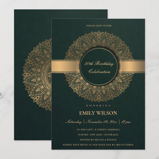 INVITATION VERT FAUX OR MANDALA TOUTE ANNÉE 50E ANNIVERSAIRE (Devant / Derrière)