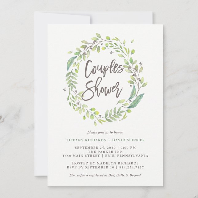 Invitation Vert feuilles | Aquarelle Wreath Couples Douche (Devant)