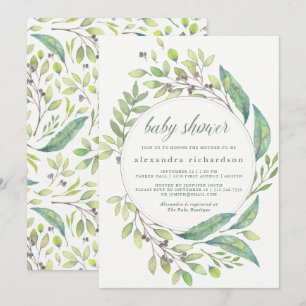 Invitation Vert feuilles   Baby shower de couronnes d'aquarel