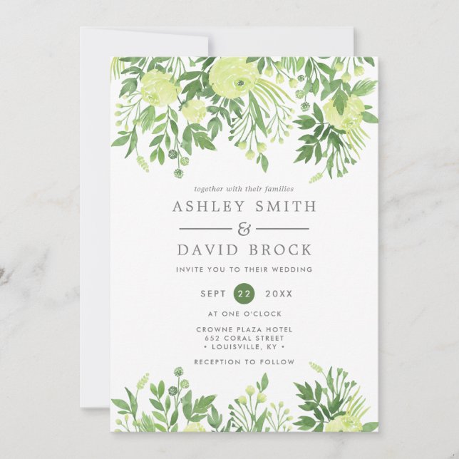 Invitation Vert Floral Aquarelle Jardin Mariage (Devant)