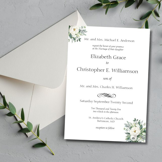 Invitation Vert floral blanc Mariage traditionnel (White Floral Greenery Wedding Invitation Elegant Traditional Formal Classic Grooms parents names)