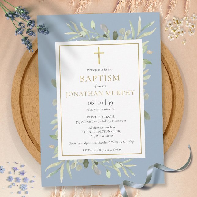 Invitation Vert Floral Dusty Blue Boy Baptême (Créateur téléchargé)