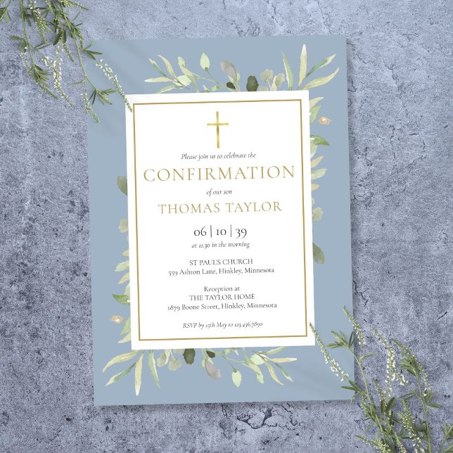 Invitation Vert Floral Dusty Blue Confirmation (Greenery Floral Dusty Blue Confirmation Invitation)