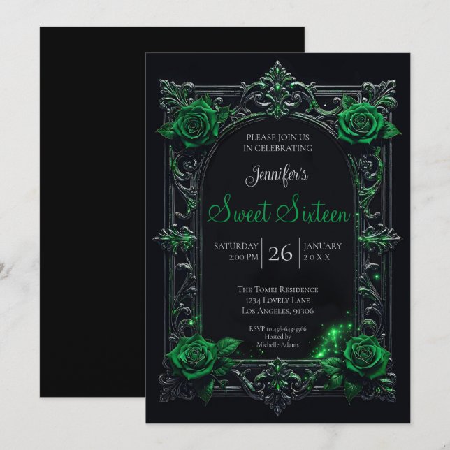 Invitation Vert Floral Gothique Sweet 16 (Devant / Derrière)