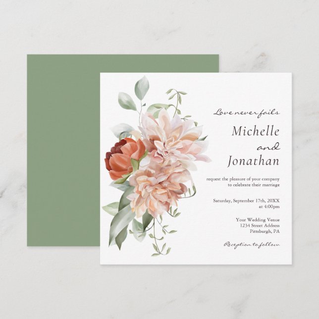Invitation Vert floral rose doux Mariage chrétien (Devant / Derrière)