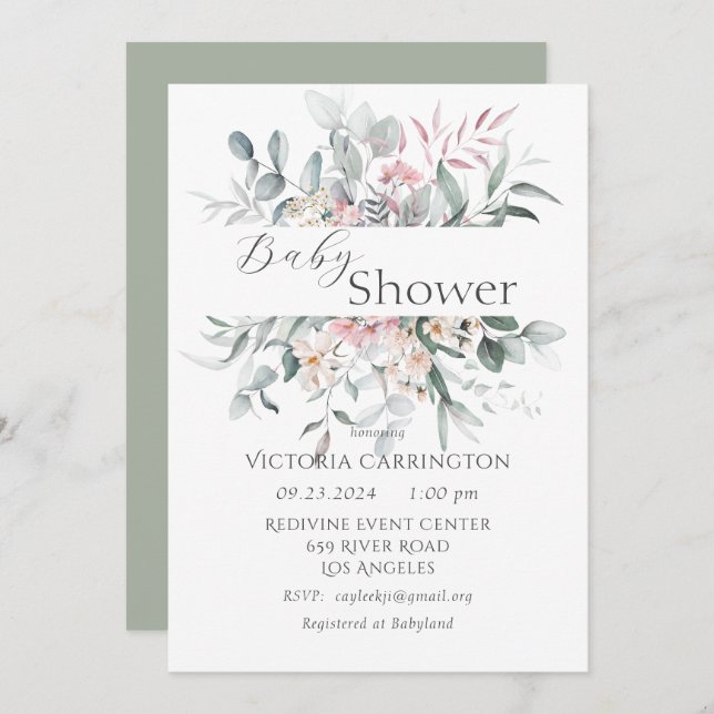 Invitation Vert floral rose Élégant Baby shower (Devant / Derrière)