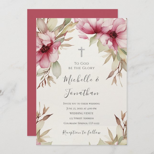 Invitation Vert floral rose pâle Mariage de la Croix chrétien (Devant / Derrière)