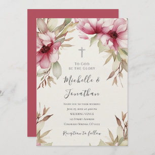Invitation Vert floral rose pâle Mariage de la Croix chrétien