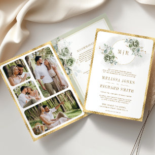 Invitation Vert floral sauge doux Mariage or Tout en Un
