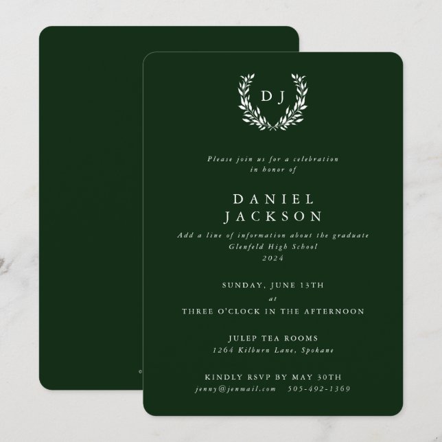Invitation Vert foncé / Blanc Monogramme Laurel Wreath Gradua (Devant / Derrière)