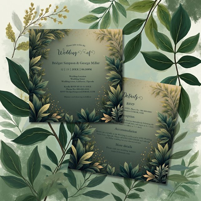 Invitation vert foncé élégant nature mariage tout en un  (Créateur téléchargé)